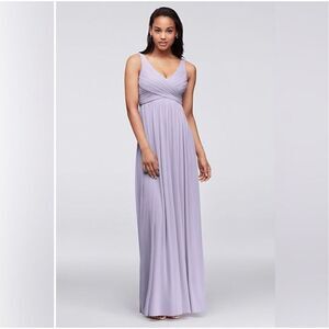 David’s Bridal Iris Long Mesh Dress with Cowl Back Detail Lavender Purple Maxi 4